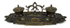 Antique Ornate 14  Victorian Gilt Bronze Double Inkwell Desk Set Made In Austria