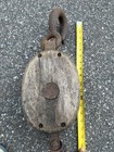 Antique Wooden Double Sheave Ship Block Pulley W  Forged Swivel Hook   Becket 