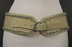 Women Wide Beige Tan Faux Leather Chic Belt Silver Chains Metal Buckle Size S M