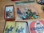 Vintage Junk Drawer Lot -  Marbles  Bottle Opener  Copper Tray  Playing Cards
