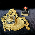 Vtg Solid Brass Ink Well Holder W  Glass Well Lid   Ink Bottle Art Nouveau 8 x5 