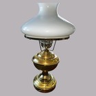 Vintage Brass Library Table Lamp s  W  Glass Opaque White Shade   Chimney