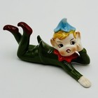 Pair 2 Norcrest Ceramic Pixie Girl Small Figurines Sitting Posing Green Blue Hat