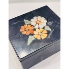 Vintage Black Marble Stone Box Mosaic Floral Flower Lid Trinket Jewelry Keepsake