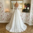 Lace Appliques Deep V Neck Wedding Dress Long Sleeves A Line Beaded Bridal Gowns