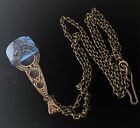 Vintage Necklace Art Deco Brass Pendant W  Antique Sap-phire Blue Czech Glass