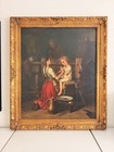 Large Antique European Oil Painting 19th Century Interior Genre Scene  Children
