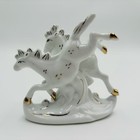 Vintage Running Horses Figurine Sculpture Porcelain White W  Gold Accents Small 