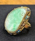 Vintage Chinese Carved Jade Vermeil Ring Blue Purple Enamel Flower Setting Rare