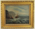 Antique 19th C  Continental Stormy Seascape With Sailboat Oil On Canvas Painting