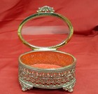 Vtg Gold Tone Ormolu Filigree Beveled Glass Footed Oval Casket Jewelry Box 
