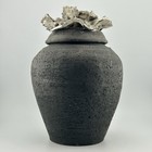 6     9    Black Stoneware Lidded Jar Coral Finial Brutalist Signed Malin 1997 Urn