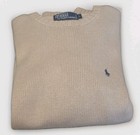 Vtg Polo Ralph Lauren Crewneck Sweater Mens Lg Beige   Tan Cotton Knit Blue Pony