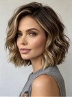 Human Hair Fashion Charming Women s Short Brown Mix Blond Wavy Wigs 12 In