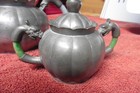 Antique Asian Pewter Tea Set Jade And Mutton Handles Snake Dragon Handles