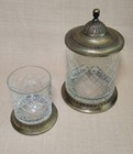 Vintage Diamond Cut Glass   Brass Covered Jar   Open Vanity Container Elegant 