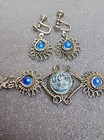 Vtg Cannetille Blue Glass   Beaded Art Deco Wire Bracelet W  Screwback Earrings