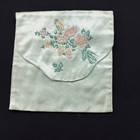Antique Fold Over 8  X 8  Mint Green Satin Hankie Holder With Embroidered Flower