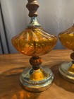 Vintage Amber Glass Globe Table Lamp Mid-century Modern Lamps Wood Orange