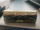 Vintage Fiocchi Italy Leather Lipstick Case Holder Mirror Green Gold Blue Great