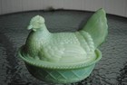 Vintage Westmoreland Hen On Nest Green Slag Glass Jadeite 8  Marked Covered Dish