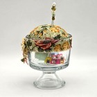 Vintage Pedestal Glass Pincushion Holder With Floral Fabric   Sewing Supplies