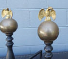 Vintage American Bald Eagle Cast Iron Fireplace Andirons Brass Cannonball Tops