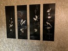 4 Vintage Asian Oriental Mother Of Pearl Black Lacquer Wall Art Plaque Panels 