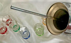 Vintage Rotating Shot Dispenser Set W  6 Colored Glasses     Chrome Pump Barware