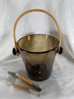 Vintage Smoky Brown Blown Glass Ice Bucket With Rattan Handle