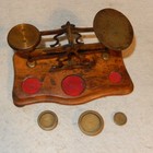 Vintage Brass Balance Scale Gold Oz Wood Base Weights Warranted Accurate Antique