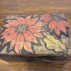 Vintage  Pyrography Burnt Wood Poinsettia Keepsake Trinket Jewelry Box 1910