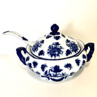 Cracker Barrel Blue White Floral Porcelain Soup Tureen W Ladle And Lid Retired