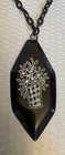 Antique Black Celluloid Chain Etched Flower Basket Pendant Mourning Necklace 16 