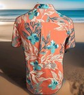 Jack O neill Aloha Hawaiian Shirt Pink Salmon Teal Tropical   Size Medium