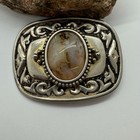 Vintage 1980s Western Belt Buckle Banded Agate Stone Thick Metal Etched Scroll