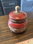Vtg Hand Carved Turned Wood Trinket Box Red Lacquer Floral Etched Artist Signed