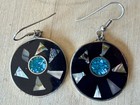 Vintage 90   s Signed Sterling Silver Turquoise   Abalone Inlay  Dangle Earrings