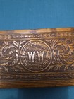 Antique Victorian Wheeler   Wilson Carved Oak Swing Accessory Box Finger Jointed