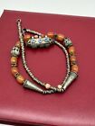 Vintage Tribal Style Artisan Crafted Necklace Silvertone Orange Beads 25   