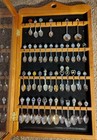 Lot Of 42 Souvenir Spoons In A Wooden Display Cabinet With A Glass Front