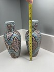 Pair Hand Painted Decorative Signed Ceramic Vases Blue Floral Pattern 10   