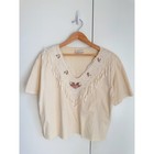  80s Vintage Cream Cotton Blouse Lace Fringe Bib Ribbon Cottagecore Romantic  L