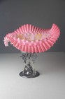 Victorian Pink Cased Satin Glass Ruffled Edge Bride   s Bowl W  Silverplated Stand