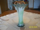 Vase Vintage Hand Blown Art Glass Green   White Swirl Design Tall Heavy Scallope