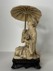 Japanese Okimono Figurine Kneeling Geisha Woman W parasol 6  Resin On Base