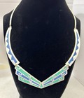 Vintage Mexican Crushed Turquoise   Lapis Silver Necklace Hand Crafted 18   