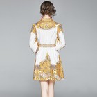 Women s V Neck Lantern Sleeve A-line Dress Vintage Waist Long Sleeve Casual Dres