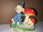 Vintage Japan Pixie Elf Gnome Ceramic Figurine Sitting Among Mushroom Mushrooms