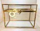 Vtg Glass   Brass Display Case Jewelry Box 360   View Lid With Chain Unusual 